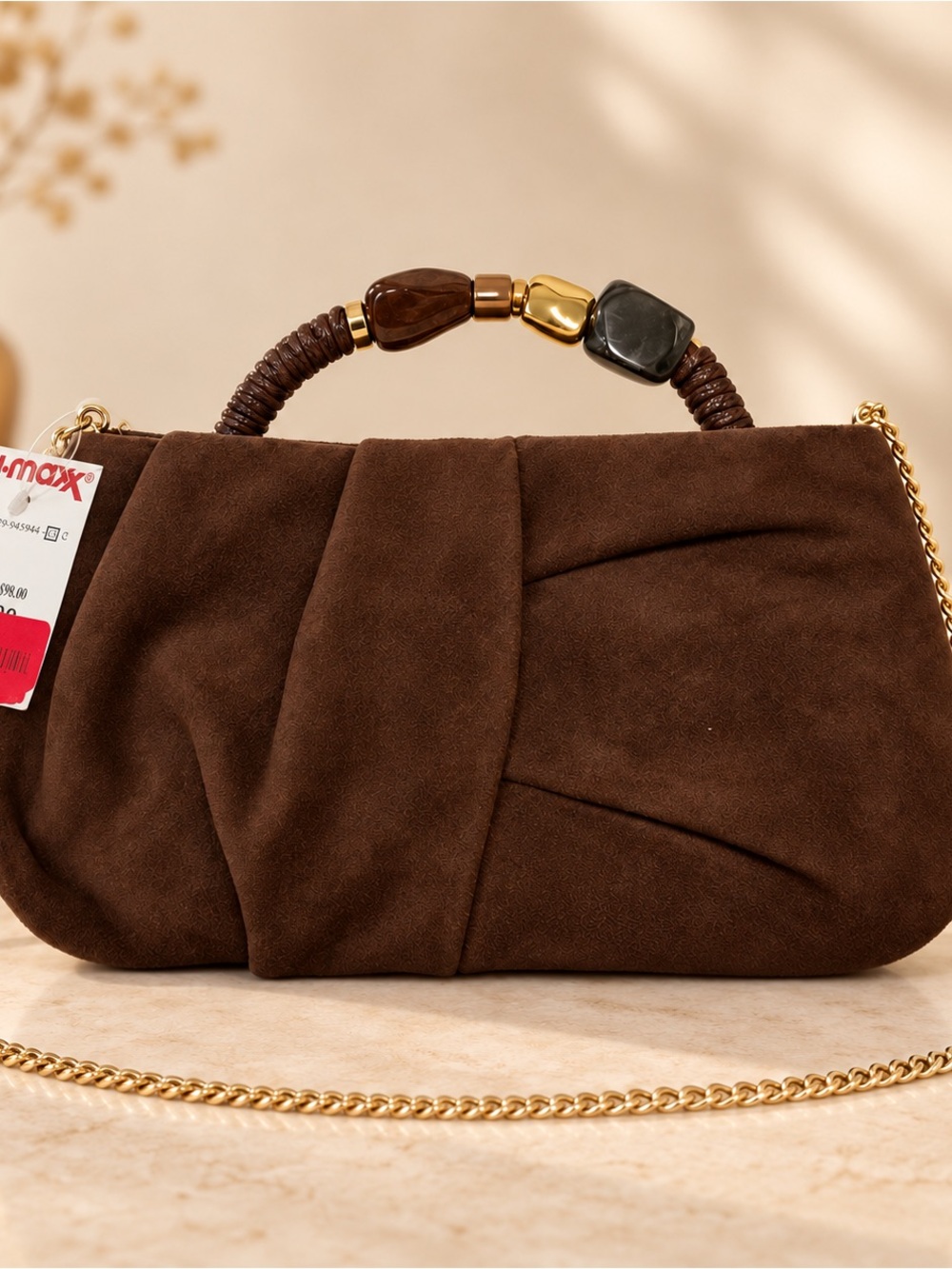 Dolce Vita Chocolate Brown Suede Clutch Evening Bag Gold Chain- NWT